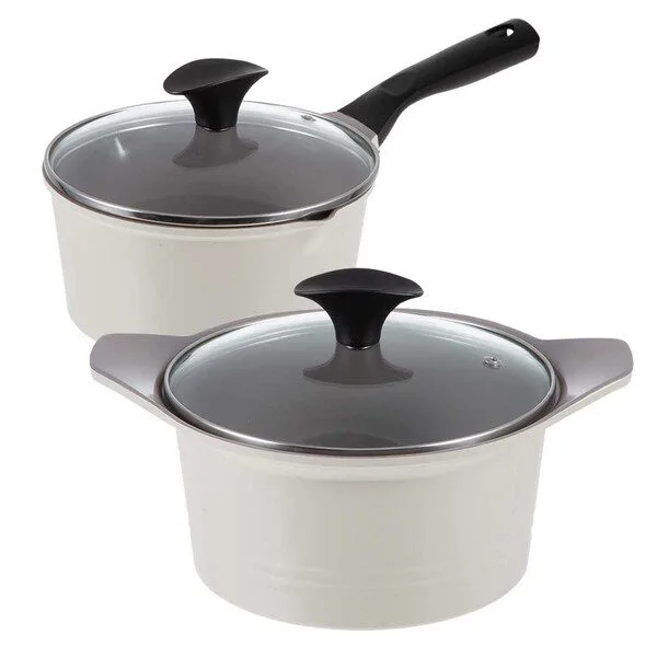  코멧 키친 세라믹 냄비 2종 세트, 크림화이트 + 브라운, 편수 냄비 18cm + 양수 냄비 20cm 