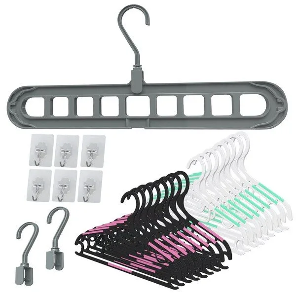 추천후기상품 접이식옷걸이 HOT 6 1 굿앤굿 접이식 나인홀 행거 6p + 나인홀고리 4p + 논슬립 옷걸이 블랙 15p + 화이트 15p + 매직후크 30p, 혼합색상, 1세트