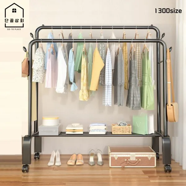 단골상회 튼튼한 철제행거 이동식 선반형 2단행거 수납 매장용 옷가게 스탠드옷걸이행거, 블랙
